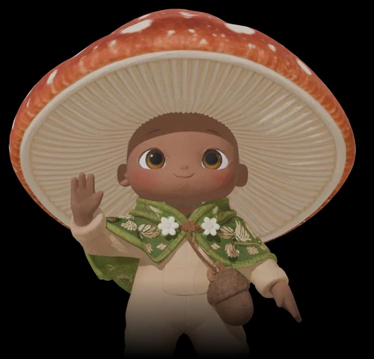 Fern, the mushroom in Aura Diary, waving